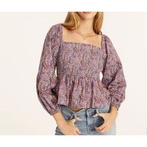 J Crew Liberty Boho Multi Paisley Tropical Prince Print Smocked Puff Sleeve Top